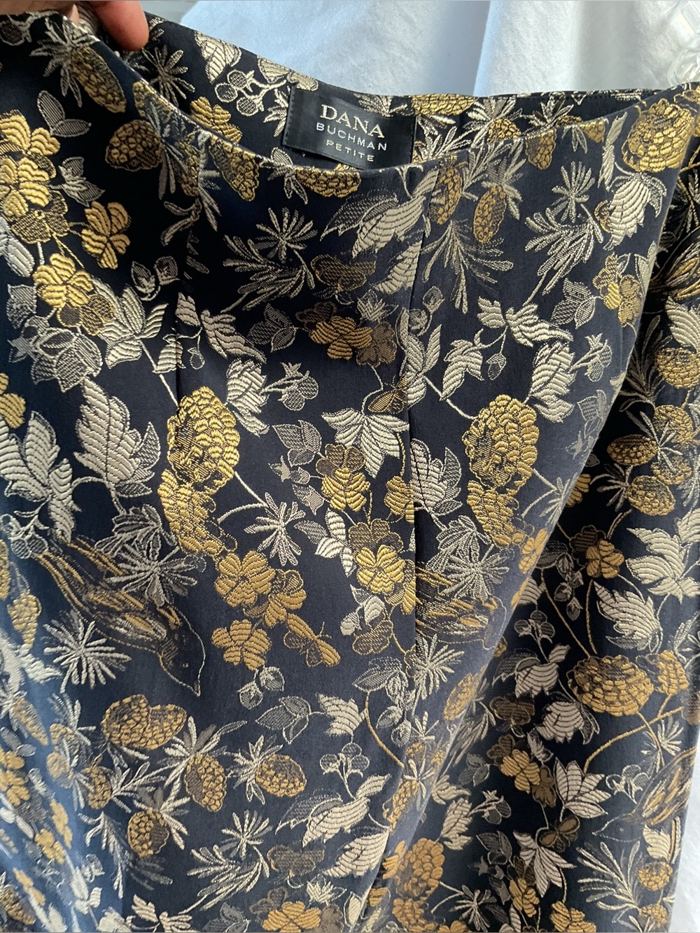 Dana Buchman Black Floral Brocade Skirt with Gold Accents